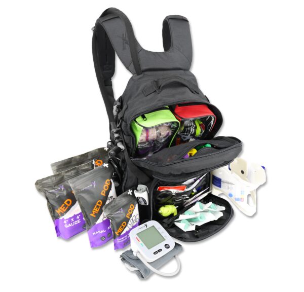 Lightning X premium tacmed molle trauma backpack kit fully stocked gear bag for ems emt first responder w/ first aid supplies including quikclot, tourniquet, israeli bandage, nasal airways and professional medical supplies with removable colored organizer pouches and hydration bladder - BLACK