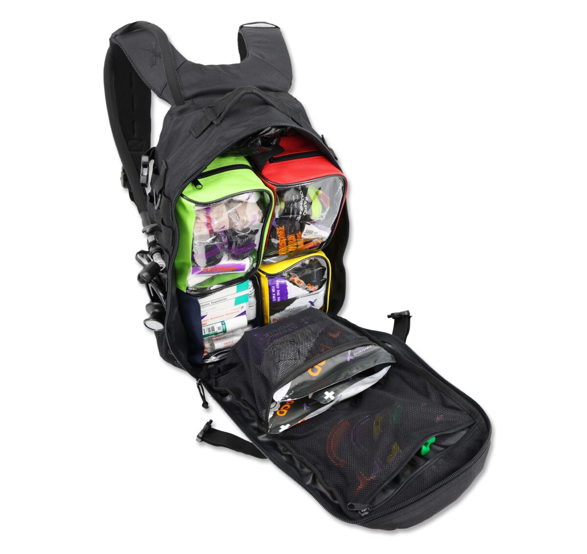 Lightning X premium tacmed molle trauma backpack kit fully stocked gear bag for ems emt first responder w/ first aid supplies including quikclot, tourniquet, israeli bandage, nasal airways and professional medical supplies with removable colored organizer pouches and hydration bladder - BLACK