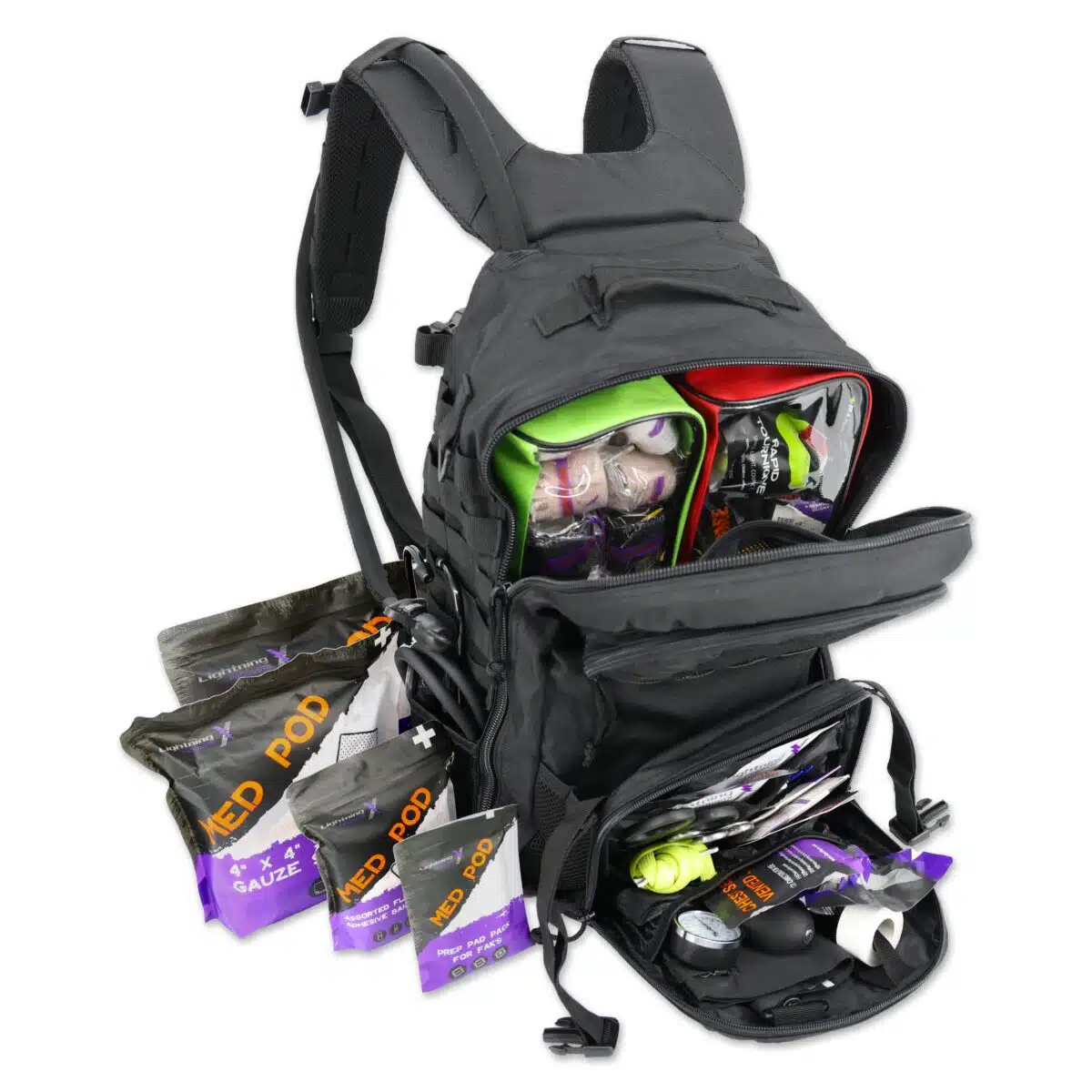 lightning x tacmed fully stocked prefilled tactical medical backpack with first aid trauma supplies mb45-skm lxmb45 including tourniquet stop the bleed bandages cpr stethoscope bp cuff israeli bandage and more for bleeding control