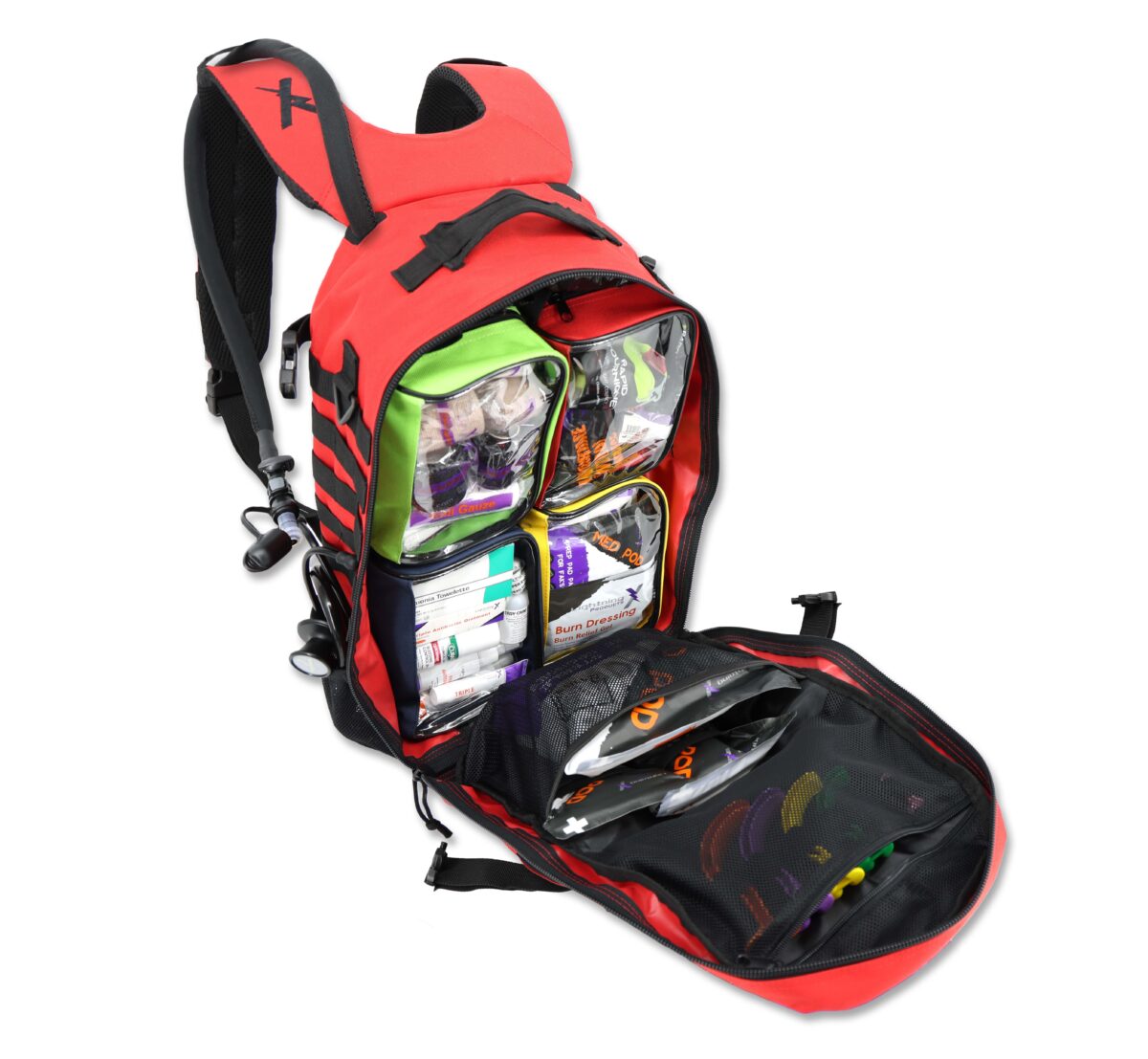 Lightning X premium tacmed molle trauma backpack kit fully stocked gear bag for ems emt first responder w/ first aid supplies including quikclot, tourniquet, israeli bandage, nasal airways and professional medical supplies with removable colored organizer pouches and hydration bladder - RED