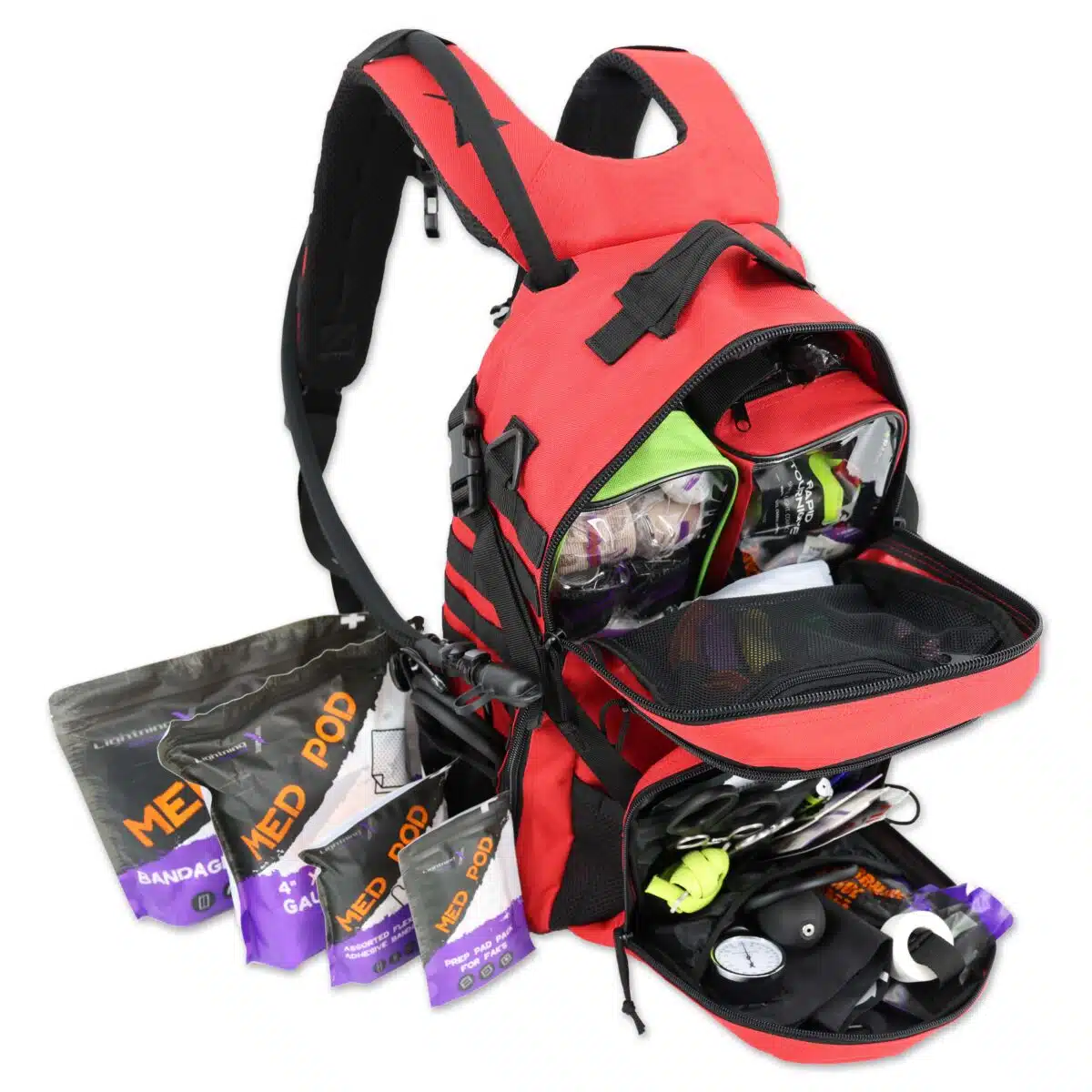 lightning x tacmed fully stocked prefilled tactical medical backpack with first aid trauma supplies mb45-skm lxmb45 including tourniquet stop the bleed bandages cpr stethoscope bp cuff israeli bandage and more for bleeding control red with hydration bladder