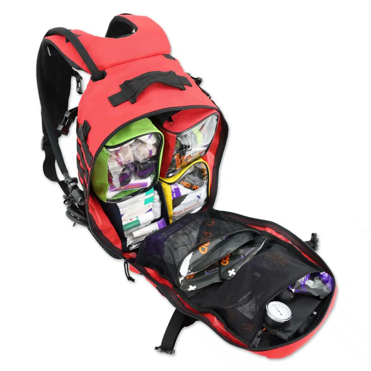 lightning x tacmed fully stocked prefilled tactical medical backpack with first aid trauma supplies mb45-skm lxmb45 including tourniquet stop the bleed bandages cpr stethoscope bp cuff israeli bandage and more for bleeding control red with hydration bladder