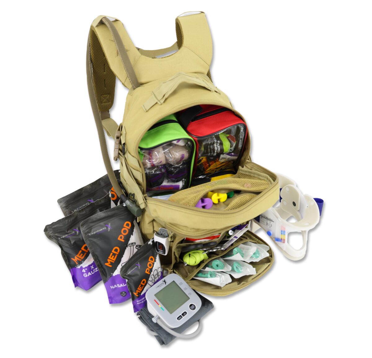 Lightning X premium tacmed molle trauma backpack kit fully stocked gear bag for ems emt first responder w/ first aid supplies including quikclot, tourniquet, israeli bandage, nasal airways and professional medical supplies with removable colored organizer pouches and hydration bladder - TAN