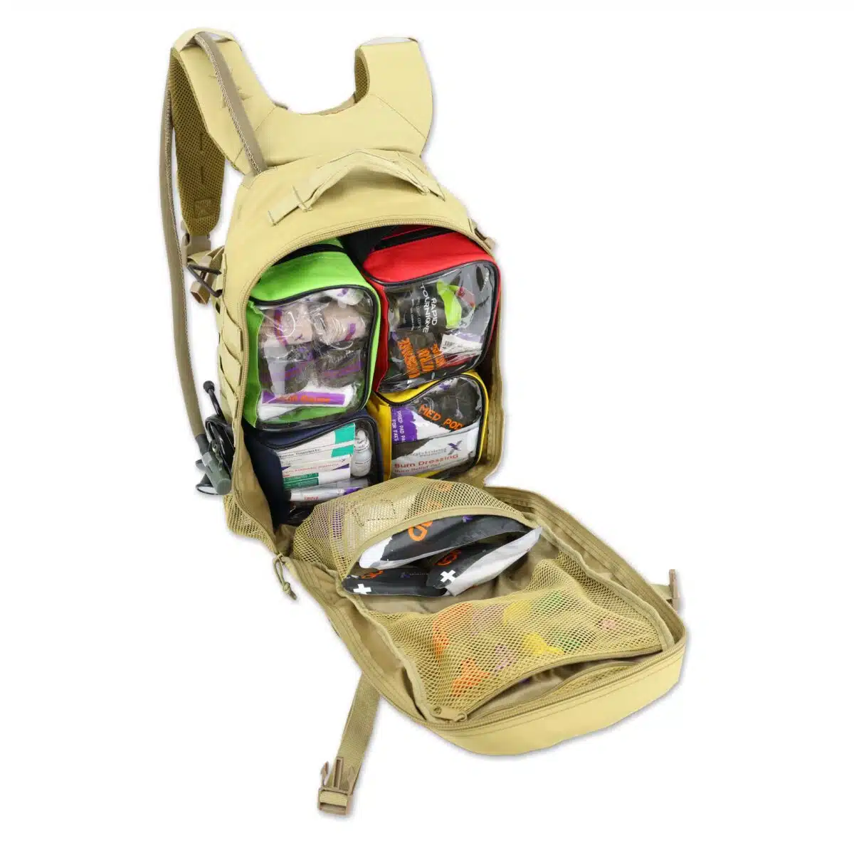 Lightning X premium tacmed molle trauma backpack kit fully stocked gear bag for ems emt first responder w/ first aid supplies including quikclot, tourniquet, israeli bandage, nasal airways and professional medical supplies with removable colored organizer pouches and hydration bladder - TAN