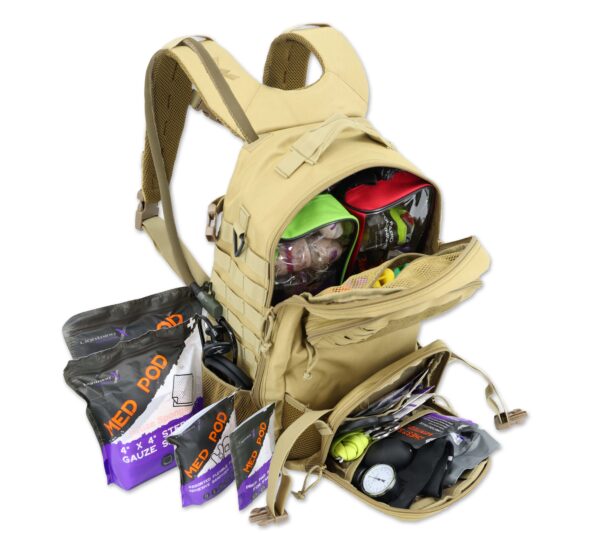 lightning x tacmed fully stocked prefilled tactical medical backpack with first aid trauma supplies mb45-skm lxmb45 including tourniquet stop the bleed bandages cpr stethoscope bp cuff israeli bandage and more for bleeding control