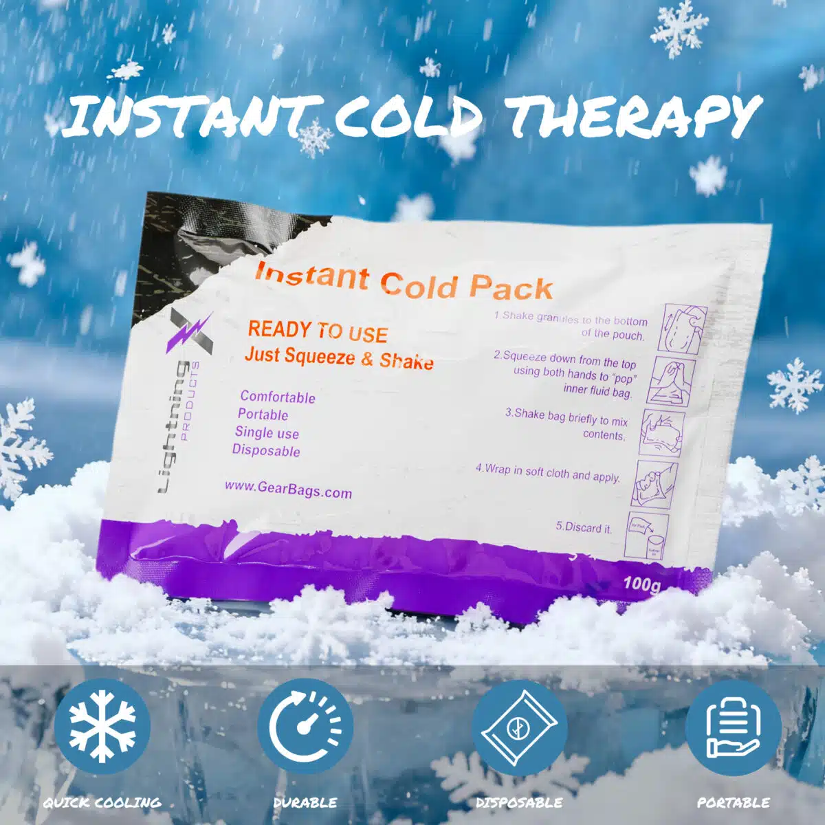 AI-generated image of instant cold pack sitting in a pile of snow with snow falling rapidly in the background.