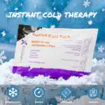 AI-generated image of instant cold pack sitting in a pile of snow with snow falling rapidly in the background.