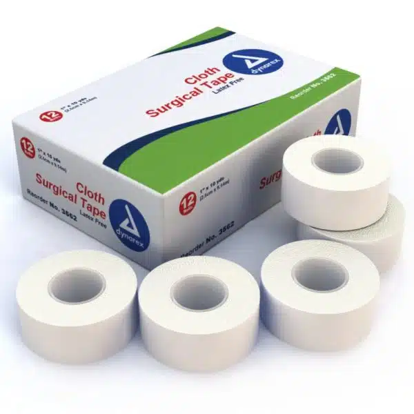 White cloth surgical tape rolls beside a Dynarex retail box