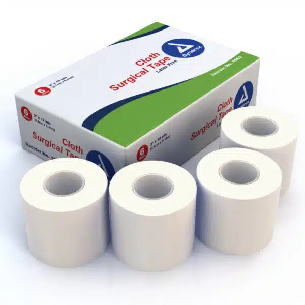 White cloth surgical tape rolls beside a Dynarex retail box