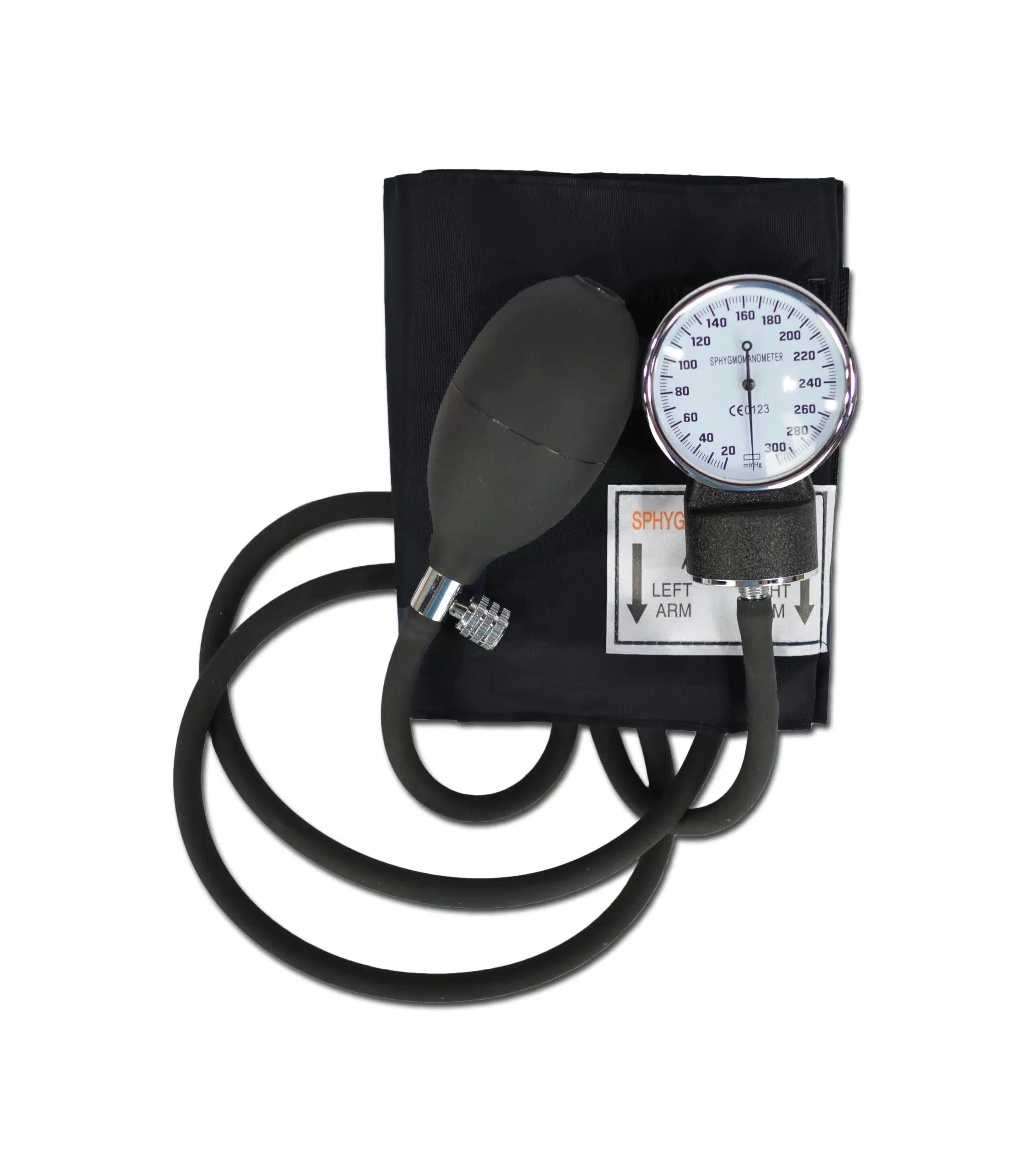 Black aneroid sphygmomanometer with cuff, bulb and gauge