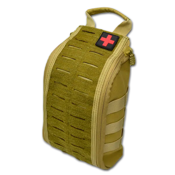 Tan coyote IFAK pouch at angle with laser-cut MOLLE front panel, red cross patch and top handle