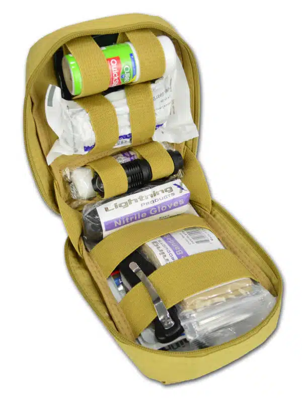 Tan tactical first aid pouch open and stocked with gauze, gloves and supplies