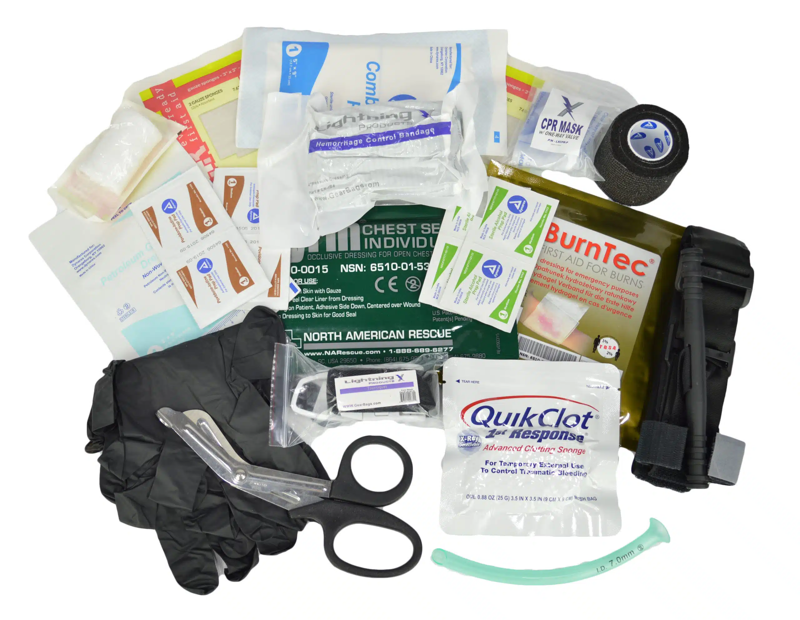 Stocked first-aid module of dressings, gloves, shears and QuikClot