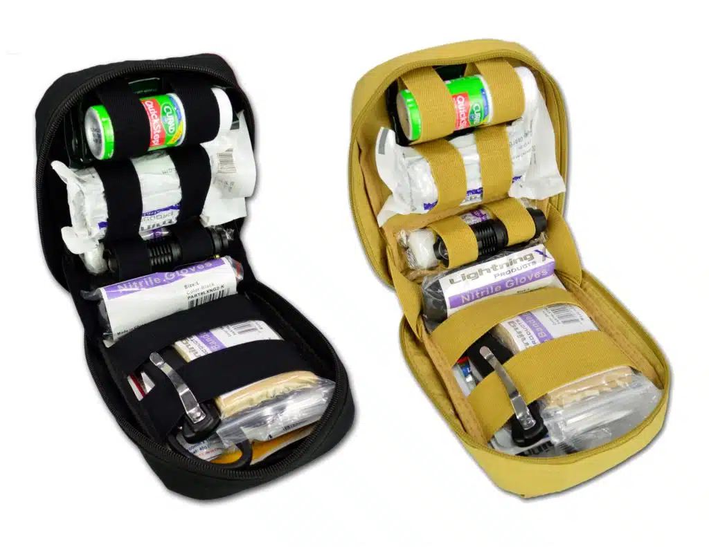 Black and tan tactical first aid pouches shown open and stocked side by side