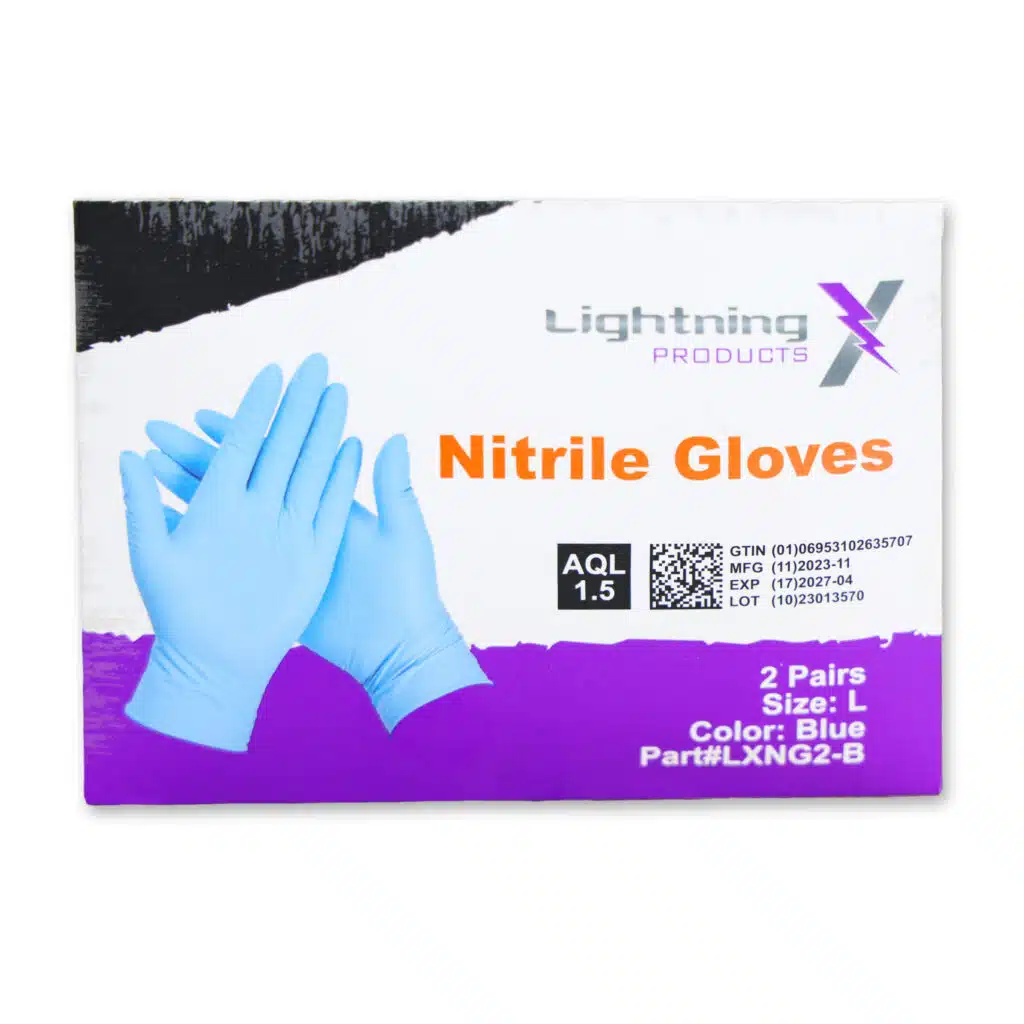 Box of blue nitrile gloves showing gloved-hands graphic and product label