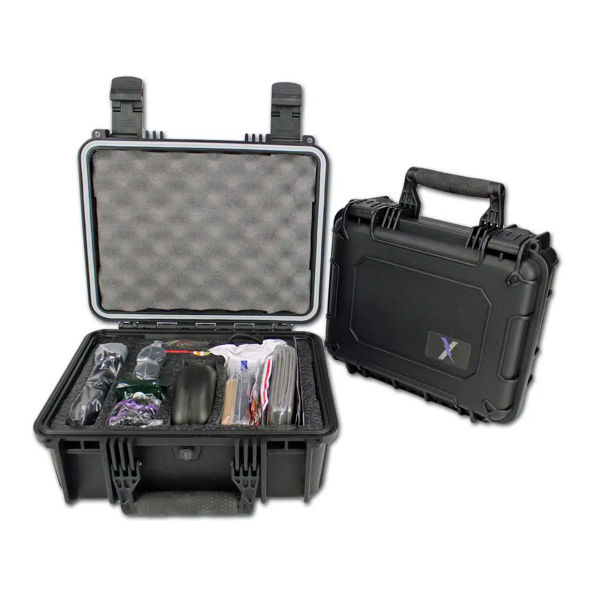 Black waterproof hard case open and closed views with stocked supplies