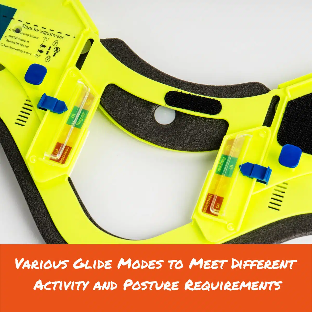 Close-up of glide mode adjusters on fluorescent yellow cervical collar, captioned: "Various glide modes to meet different activity and posture requirements"