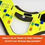 Close-up of glide mode adjusters on fluorescent yellow cervical collar, captioned: "Various glide modes to meet different activity and posture requirements"
