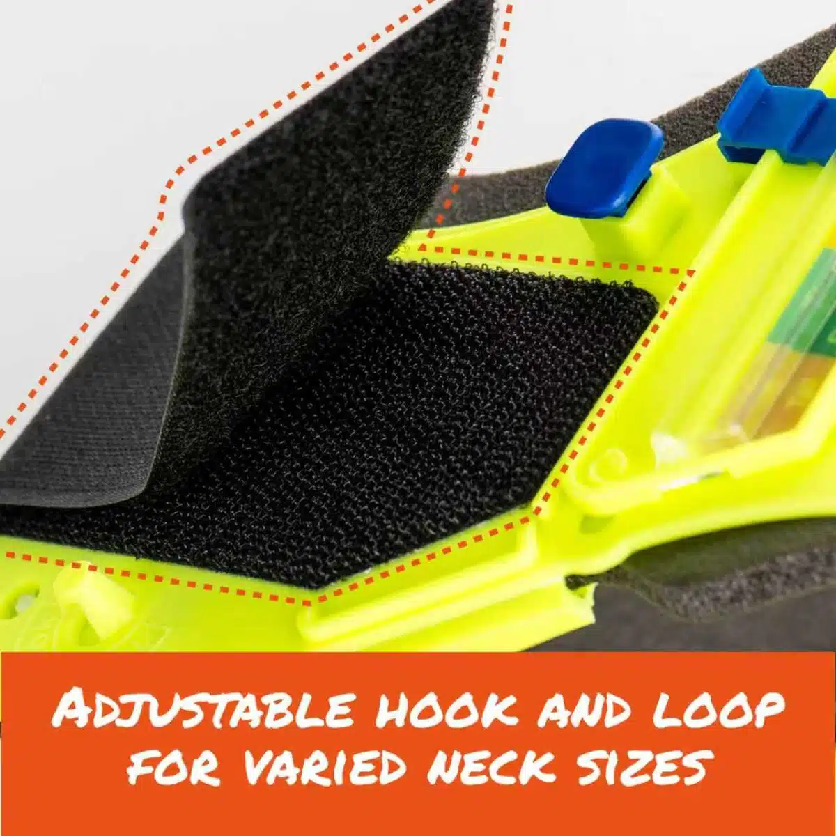 Close-up of hook-and-loop patch on a fluorescent yellow cervical collar with caption: "adjustable hook and loop for varied neck sizes"