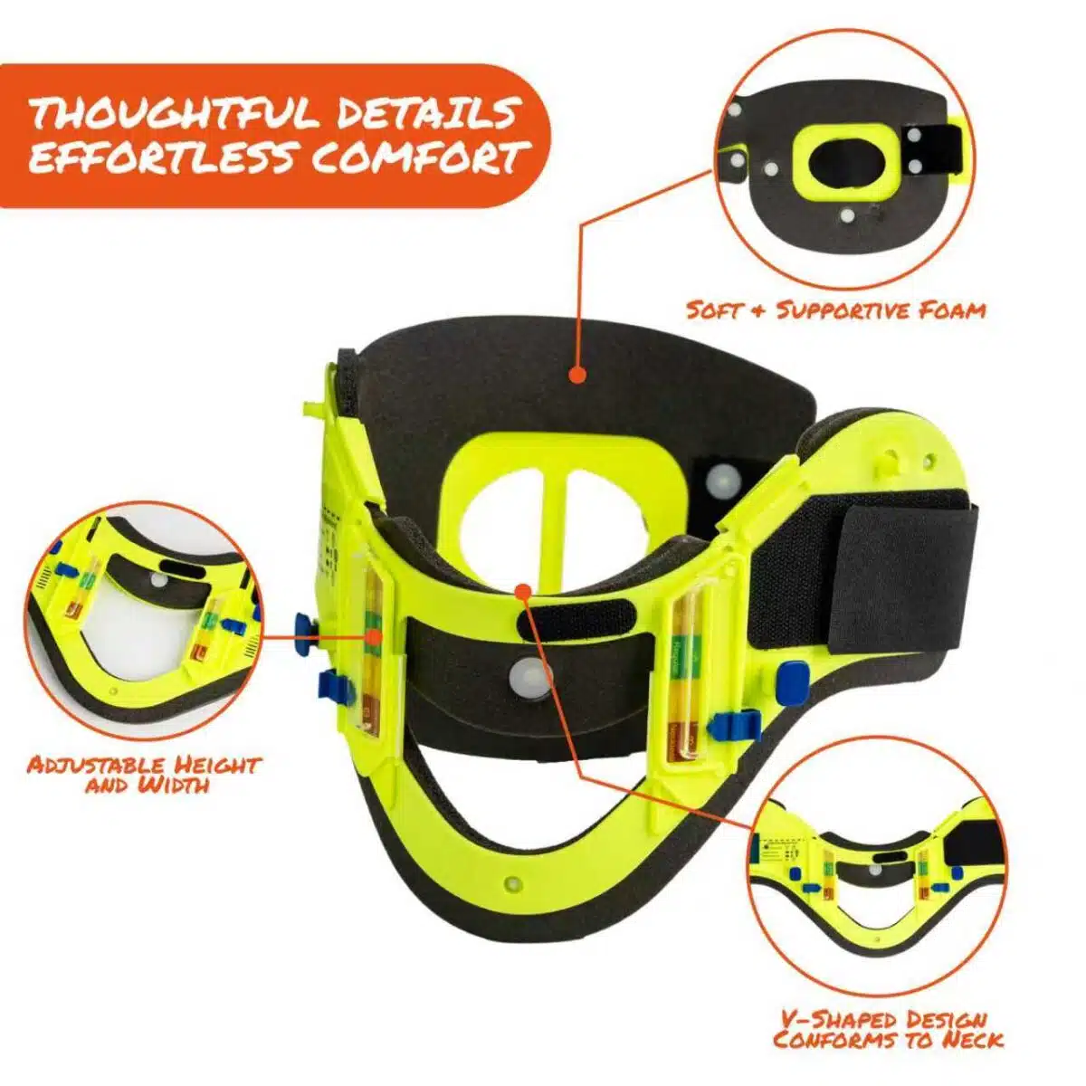 Assembled fluorescent yellow cervical collar with callouts showing close-ups of important features.