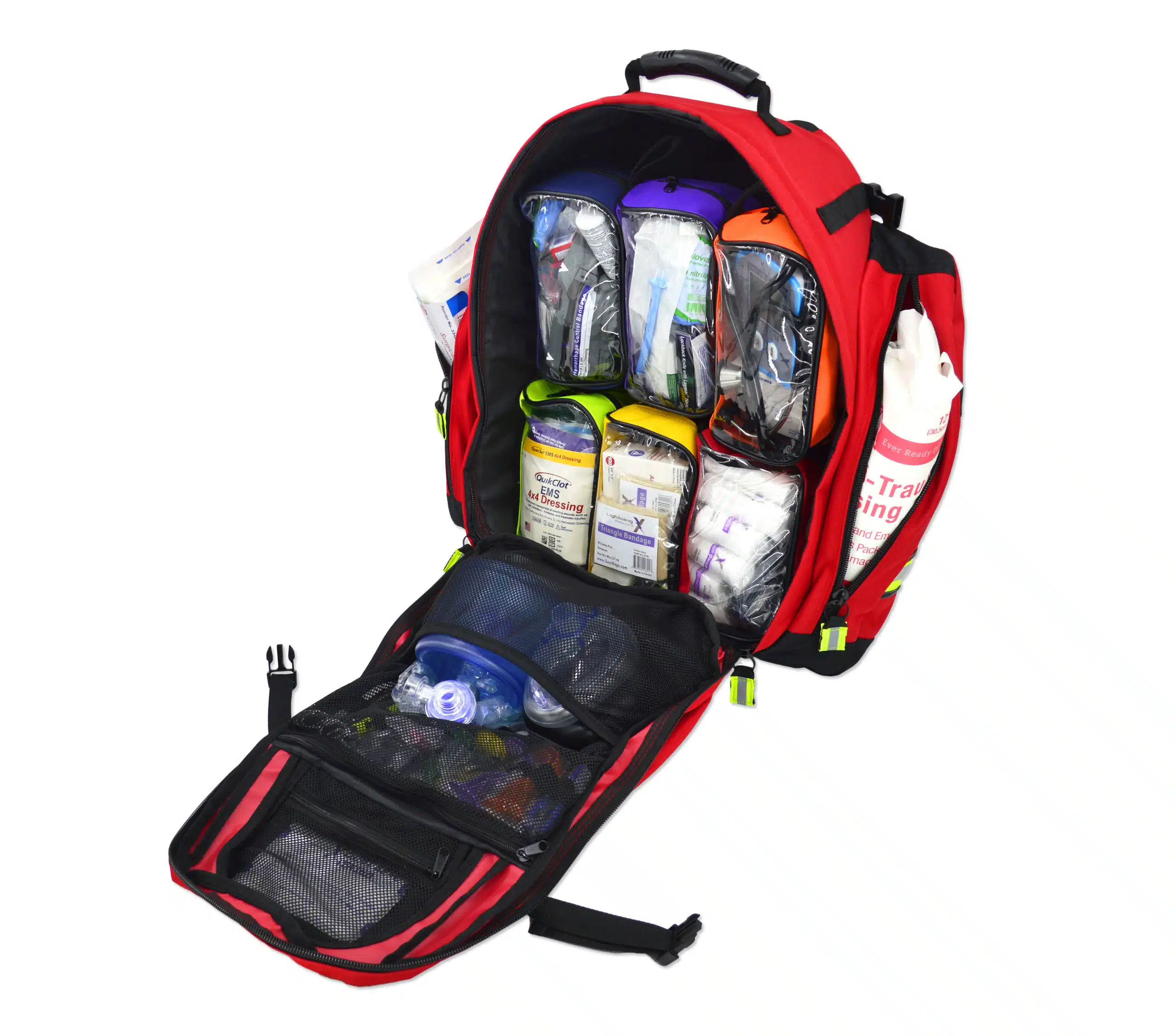 Open red EMS backpack with the flap down, packed with rolled gauze, bandages and supplies.
