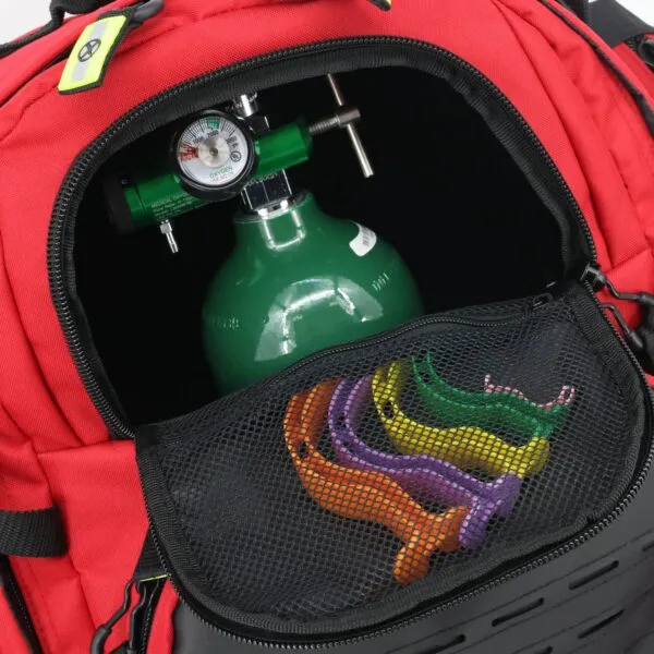 open pocket on emt backpack with access to oxygen cylinder