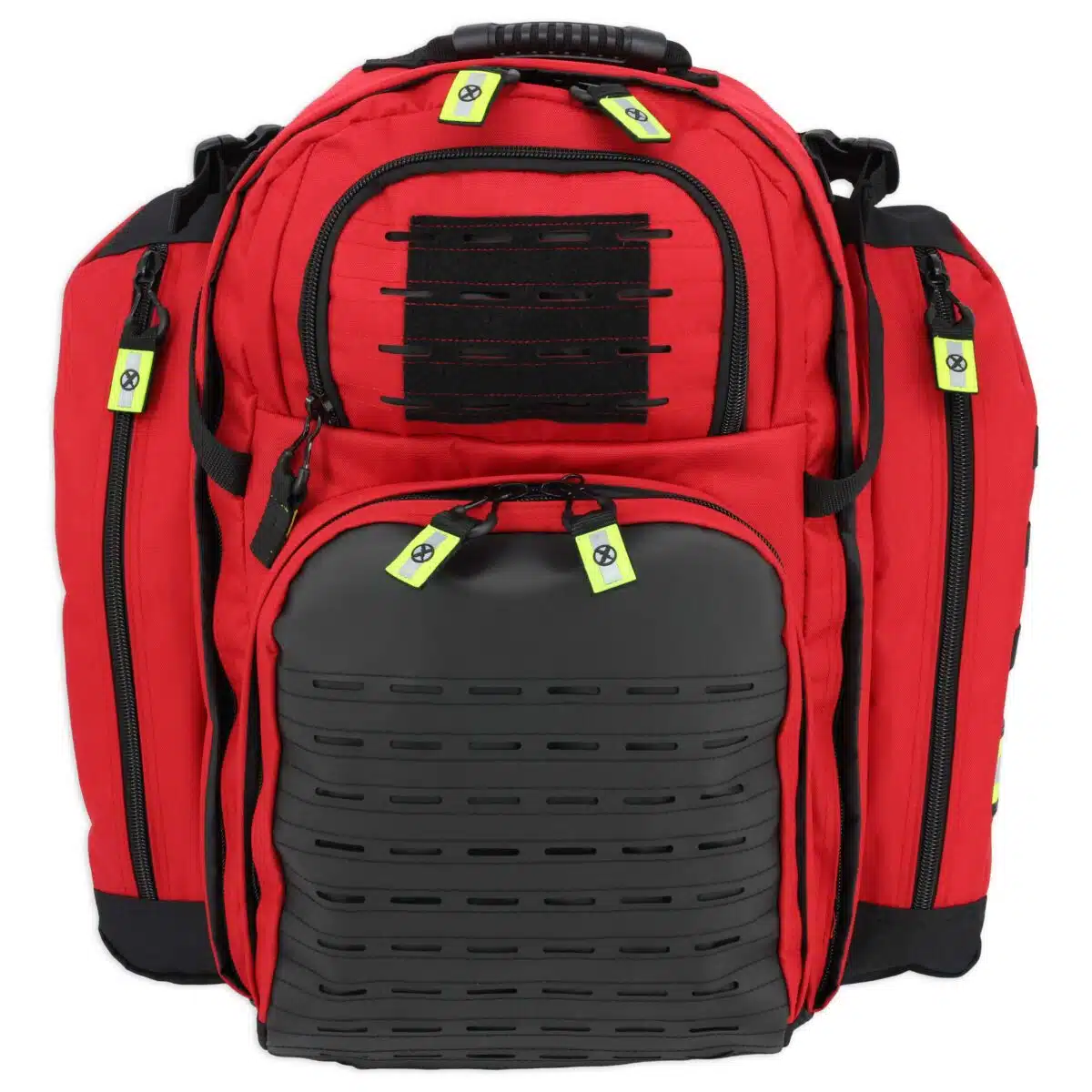 red emt backpack with black MOLLE panel