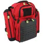 Large red and black trauma backpack with reflective zipper pulls