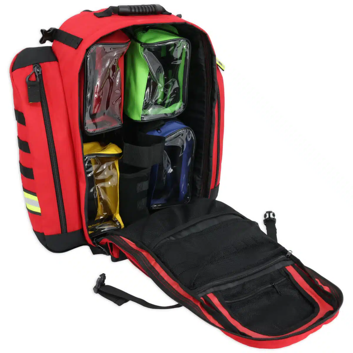 red medic backpack, opened, with 4 colored organizer pouches