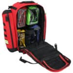 red medic backpack, opened, with 4 colored organizer pouches