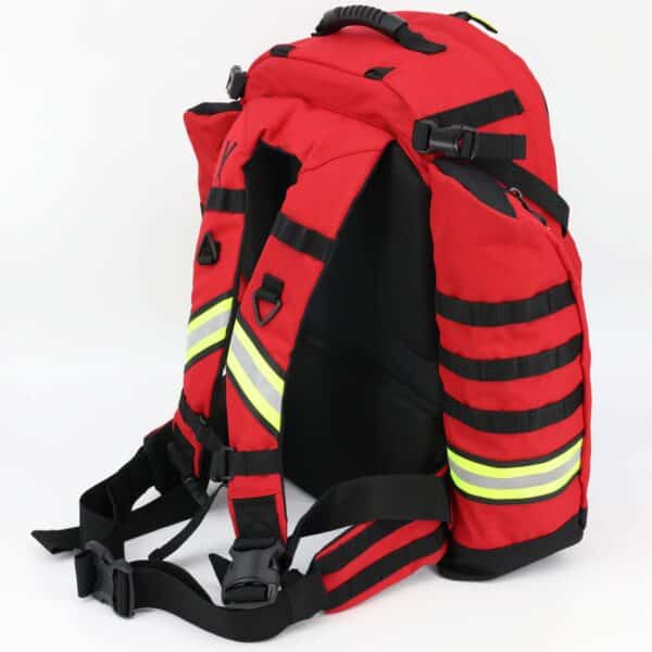 rear view of red tacmed backpack with shoulder straps