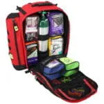 red trauma backpack with oxygen cylinder and colored pouches