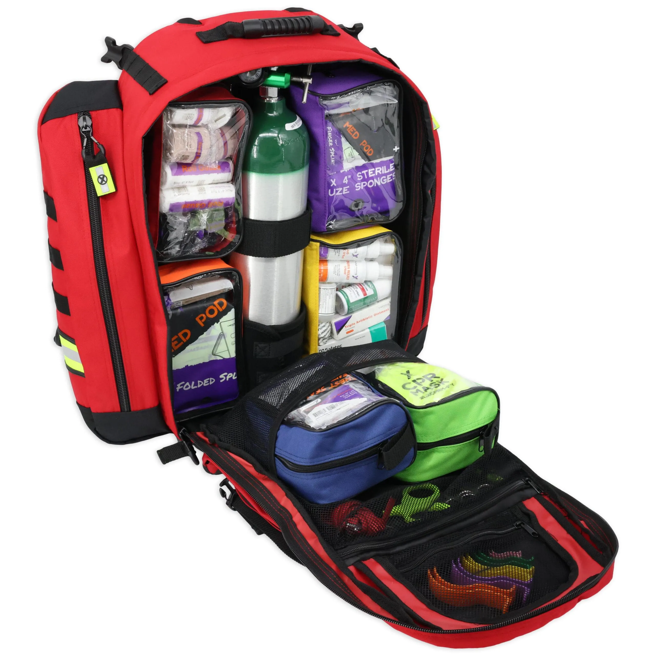 Red trauma backpack with oxygen cylinder and colored pouches