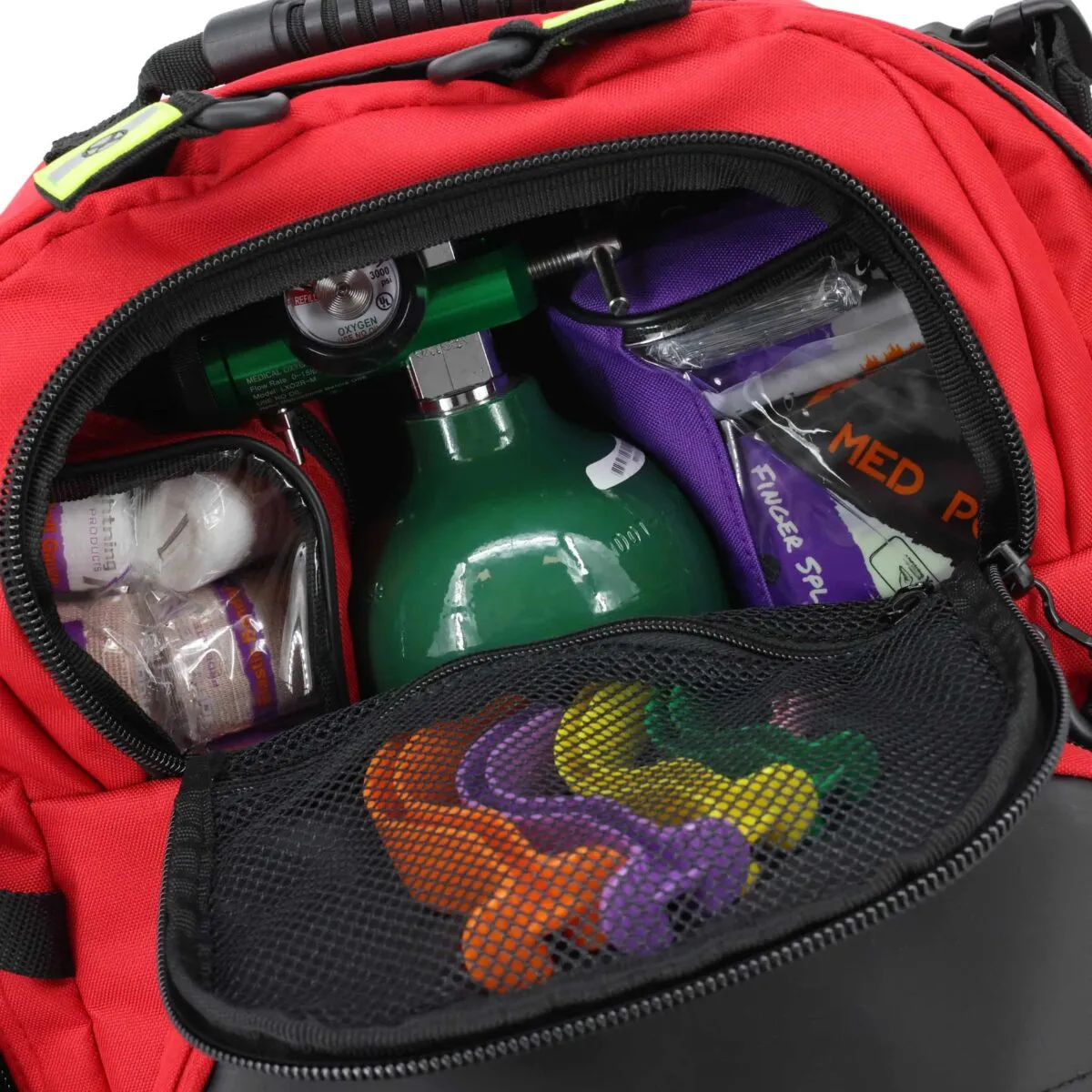 front pocket of als backpack showing access to oxygen regulator