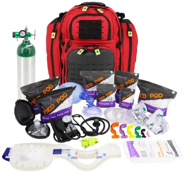 red emt backpack with oxygen tank and medical supplies