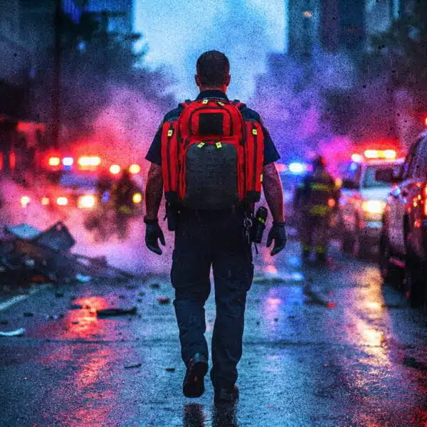 first responder wearing a red and black tactical EMS backpack on an emergency scene