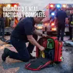 Open red oxygen backpack on the ground as a kneeling medic works gear behind an ambulance.