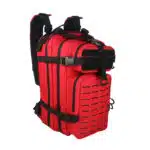 Red tactical medic backpack with laser-cut MOLLE webbing and padded straps, angled view