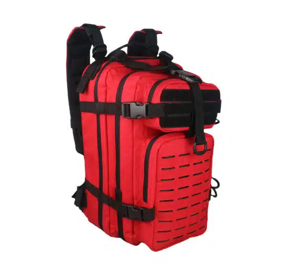 Red tactical medic backpack with laser-cut MOLLE webbing and padded straps, angled view