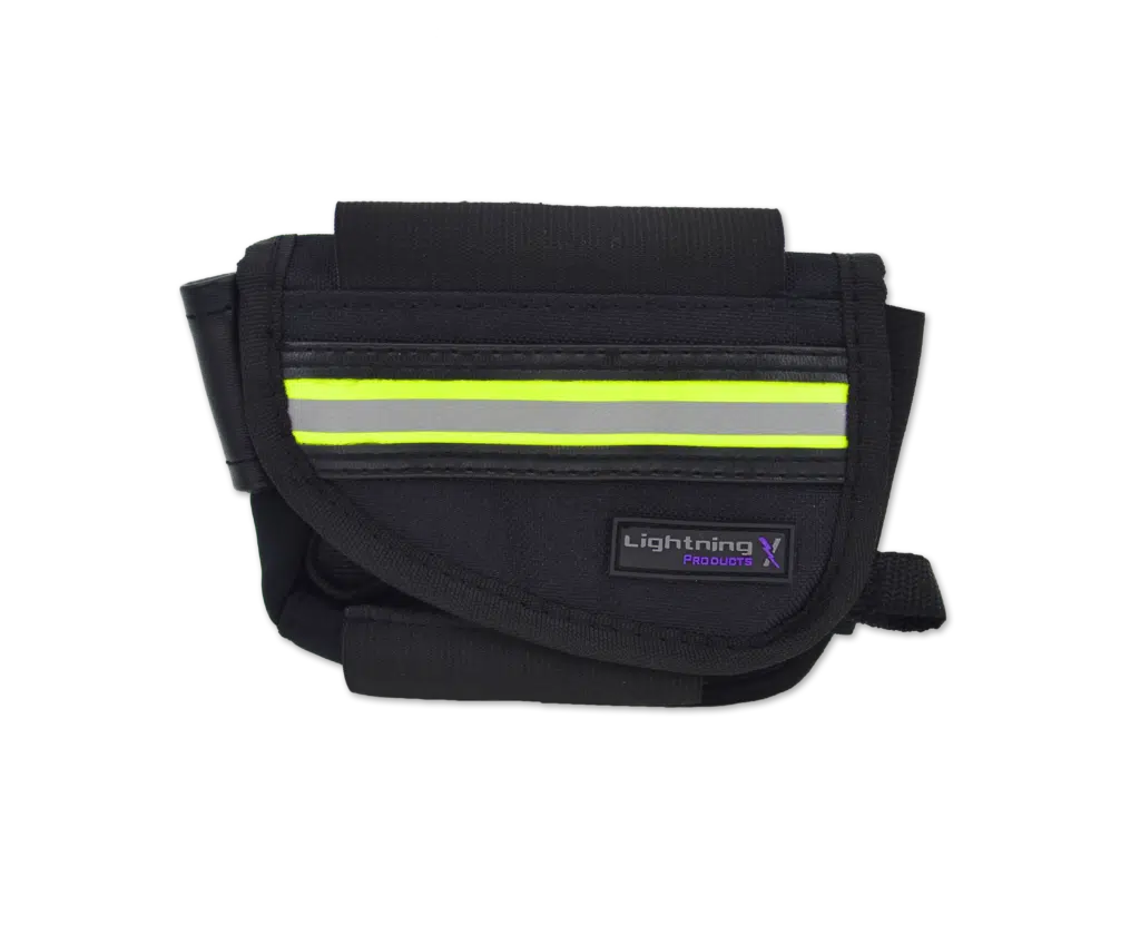 Black padded EMT scissors and tool holster with reflective stripe, front view