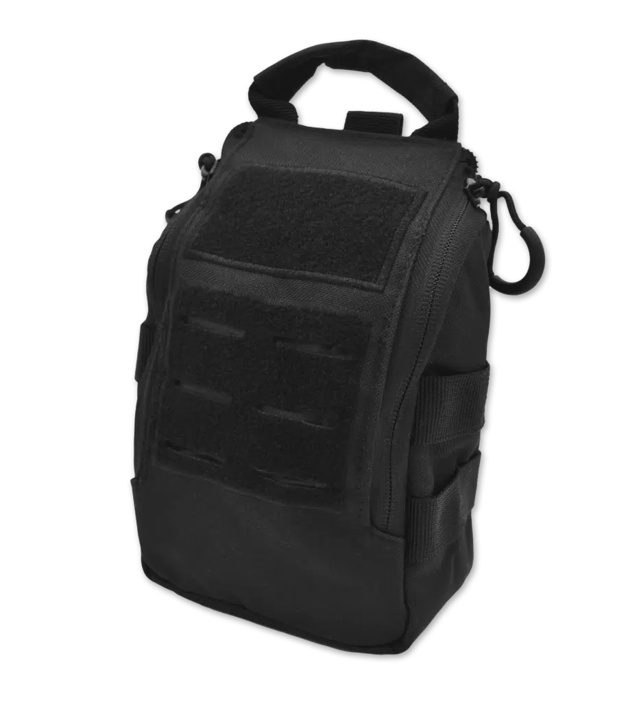 Black tactical MOLLE medical pouch with hook-and-loop ID panel and carry handle