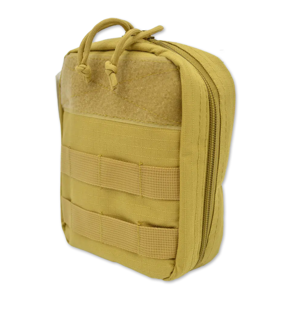Tan MOLLE utility medical pouch with double zip closure and hook-and-loop panel