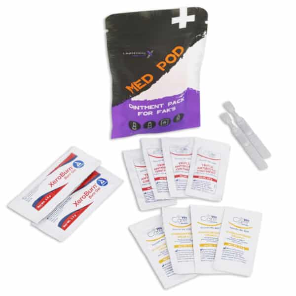 lightning x topical meds ointment refill med pod pack for first aid kits includes triple antibiotic, hydrocortisone cream, burn gel & lubricating eye drops in zip bag