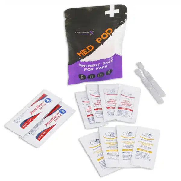 lightning x topical meds ointment refill med pod pack for first aid kits includes triple antibiotic, hydrocortisone cream, burn gel & lubricating eye drops in zip bag