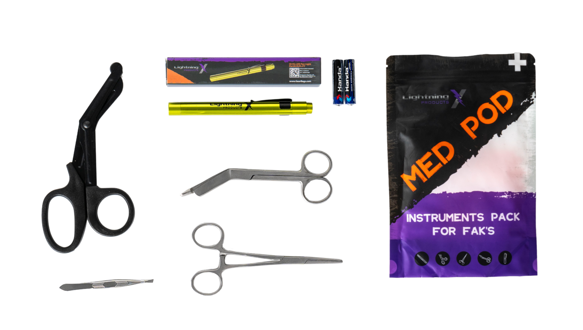 lightning x med pod instrument kit for emt's trauma shears bandage kelly hemostat forceps tweezers led penlight pen light for first aid kits