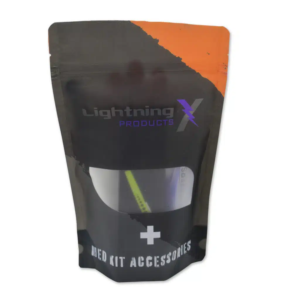 Black and orange resealable med kit pouch with a window showing a green airway tube inside.