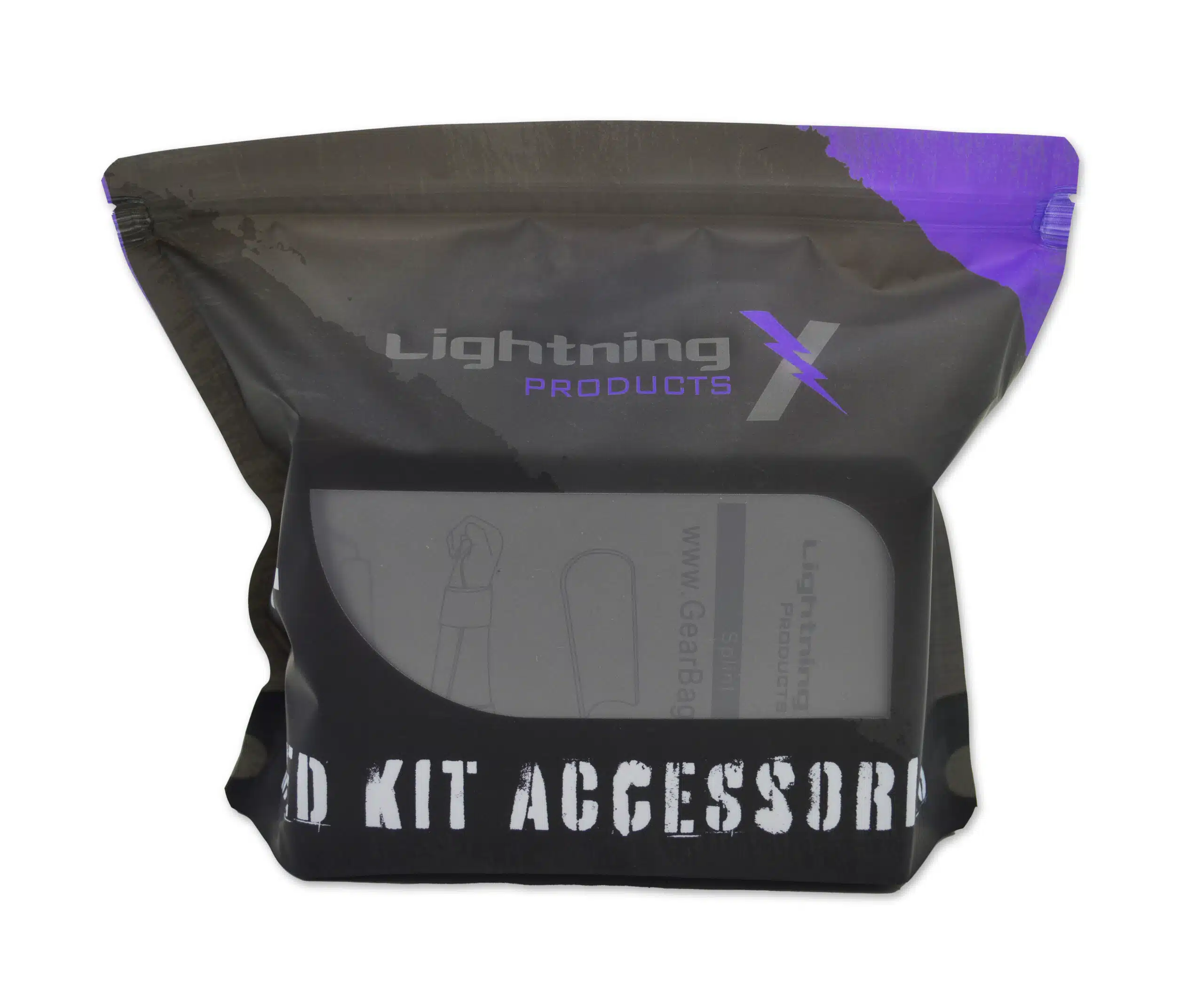 Rear of a clear resealable med kit pouch showing an orange glove print over packaged supplies.