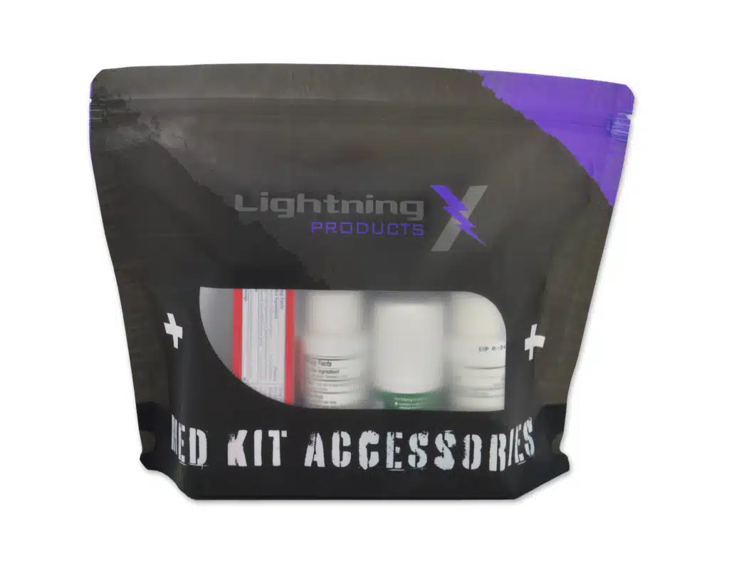 Black and purple resealable med kit pouch with a window showing white topical bottles inside.