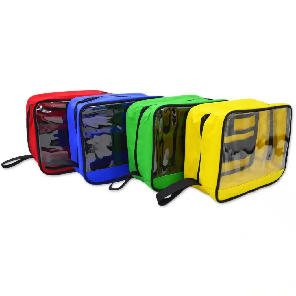 Four zipper pouches (red, blue, green, and yellow) arranged in a staggered row