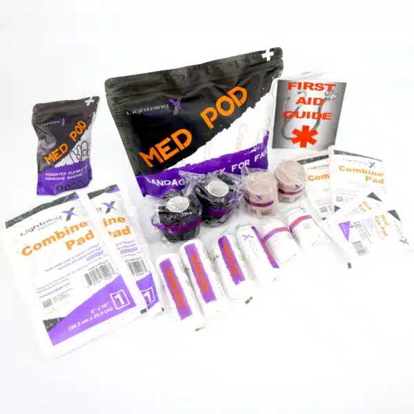 lightning x bandage refill kit for first aid includes 2", 3", 4" conforming stretch rolled gauze, elastic ace bandage, self-adherent coban cling wrap, 5" x 9", 8" x 10" abd combine pad, eye pads & first aid guide booklet + adhesive band aids